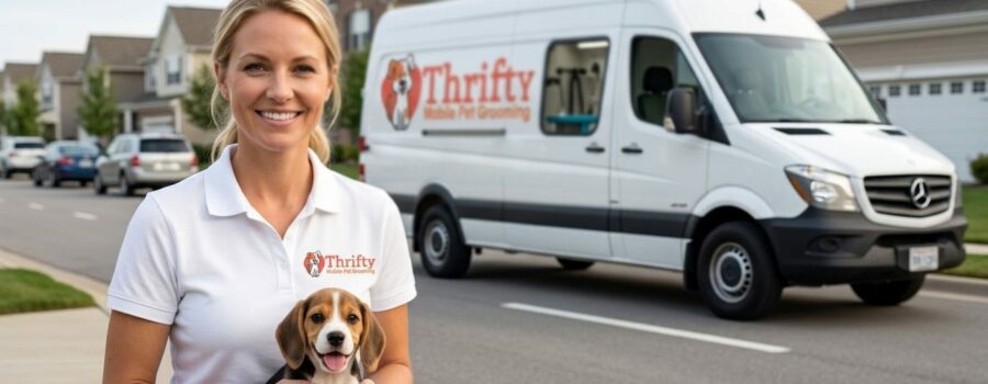 Professional mobile pet grooming service van with groomer bathing dog outside client's home